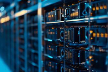 A row of computer servers with the numbers 2023 on them. The servers are black and the room is dimly lit