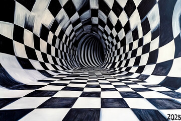 A room with a checkered floor and a spiral tunnel in the middle. The tunnel is painted in black and white with a checkered pattern