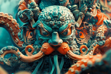 Fototapeta premium A monster with a face that is orange and green. The monster has a beard and a mustache