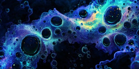 Surreal style watercolor painting with black gloss paint, fluorescent fluid art, neon blue green abstract liquid painting with black background