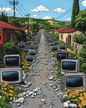 A street with many old televisions scattered along it. The street is empty and the televisions are all broken