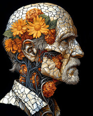 A man's head is covered in flowers and leaves, giving the impression of a decaying or rotting body. The image is a work of art, possibly inspired by the concept of death or decay
