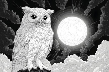 Fototapeta premium A detailed illustration of a white owl perched on a rock under a glowing moon, set against a dramatic sky filled with swirling clouds.