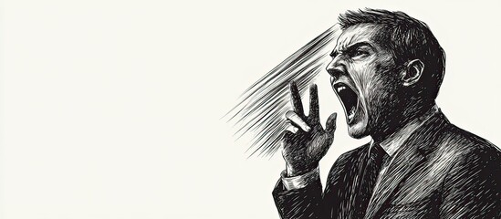 Businessman in suit shouting with his hand to his mouth, urgency or announcement sketch engraving generative ai fictional character raster illustration. 