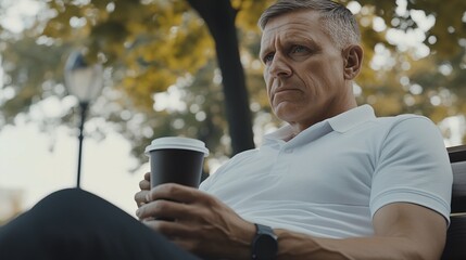 Fototapeta premium Middle-aged man with slight tremor holding cup of coffee on park bench, symbolizing struggle with Parkinson's disease, calm natural setting.