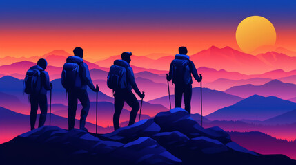 A group of four people are standing on a mountain top, with a large sun in the background. The scene is serene and peaceful, with the mountains and sky creating a beautiful backdrop