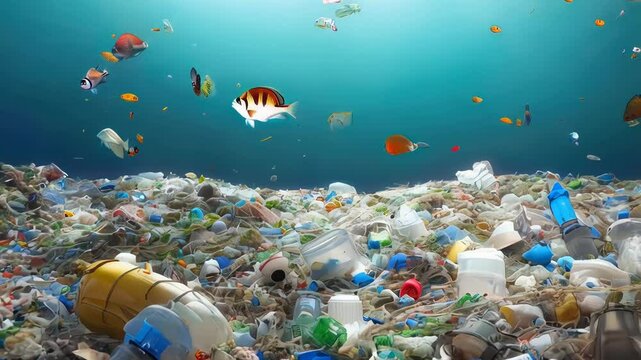 Environmental disaster concept. Plastic Island or Great Pacific Garbage Patch or Pacific Trash Vortex, consisting mainly of plastic, light metals and organic residues. 3D rendering