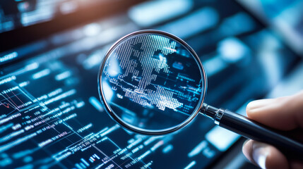 Analyzing data trends on a digital screen using a magnifying glass in a modern workspace