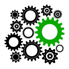 Gear wheel abstract vector set. Different black cogwheels and green cog isolated on transparent background. Doodle style gear mechanism. New business idea, teamwork, progress, technology.
