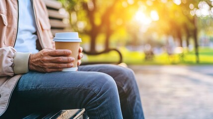 Middle-aged man with slight tremor holding cup of coffee on park bench, symbolizing struggle with Parkinson's disease, calm natural setting.