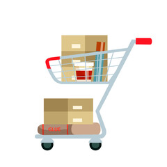 Shopping cart with boxes in hardware store. Shop trolley emblem. Store basket with purchases. Online shop pictogram. Flat vector illustration isolated on transparent.