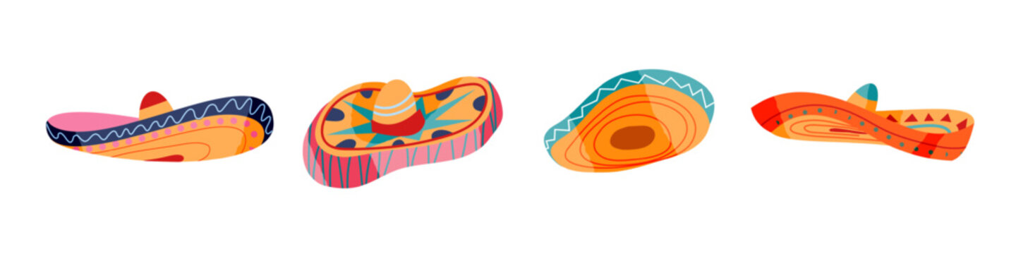 Mexican sombrero. Set of traditional Latino America man hat isolated on transparent background. Colorful cartoon vector illustration for celebration Cinco de Mayo or dia de los Muertos.