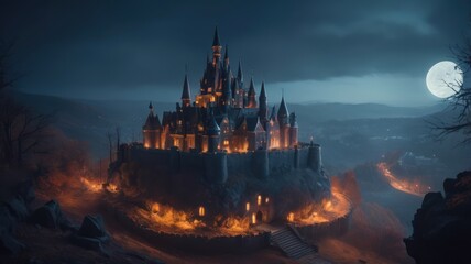Naklejka premium A majestic castle stands tall on a hilltop, illuminated by the warm glow of its windows and the ethereal light of a full moon.