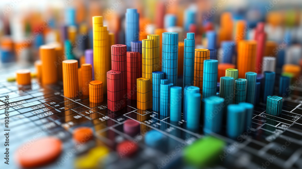 Poster colorful data visualization display with bars and dots representing analytical information in a mode