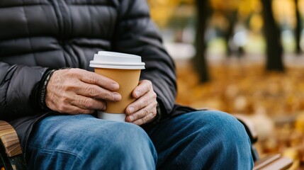 Middle-aged man with slight tremor holding cup of coffee on park bench, symbolizing struggle with Parkinson's disease, calm natural setting.