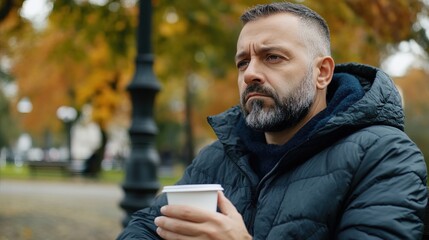 Middle-aged man with slight tremor holding cup of coffee on park bench, symbolizing struggle with Parkinson's disease, calm natural setting.