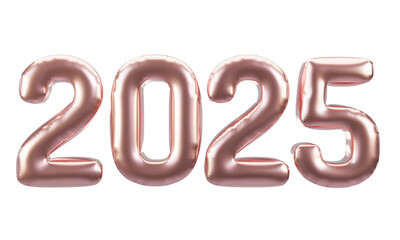 Happy New Year 2025 metallic rose gold foil balloons. 3D render Rose gold Helium balloons 2025.