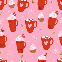 Seamless Christmas pattern with red mugs with winter drinks. Vector graphics.