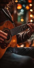 Fototapeta premium A close-up of a male musician, with curly hair, skillfully playing an acoustic guitar in a cozy, dimly lit setting adorned with warm bokeh lights.