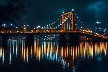 Illuminated Suspension Bridge Reflecting in Calm Water at Night