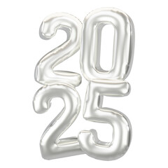 Happy New Year 2025 metallic Silver foil balloons. 3D render Platinum Helium balloons 2025.
