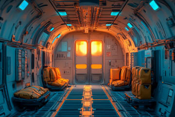 A futuristic space shuttle with yellow seats and orange lights. The interior is empty and the only people visible are the ones in the seats