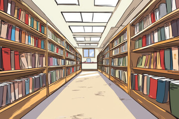 Obraz premium A library with many bookshelves and a long aisle. The books are arranged in rows and are of different sizes. The library appears to be empty and quiet
