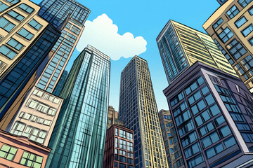 Fototapeta premium A cartoon drawing of a city with tall buildings and a cloudy sky. Scene is somewhat gloomy, as the clouds cover the sky and the buildings are tall and imposing