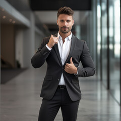 A dapper handsome businessman posing in a modern office environment, dressed in a crisp business suit with a confident expression, conveying professionalism and succes
