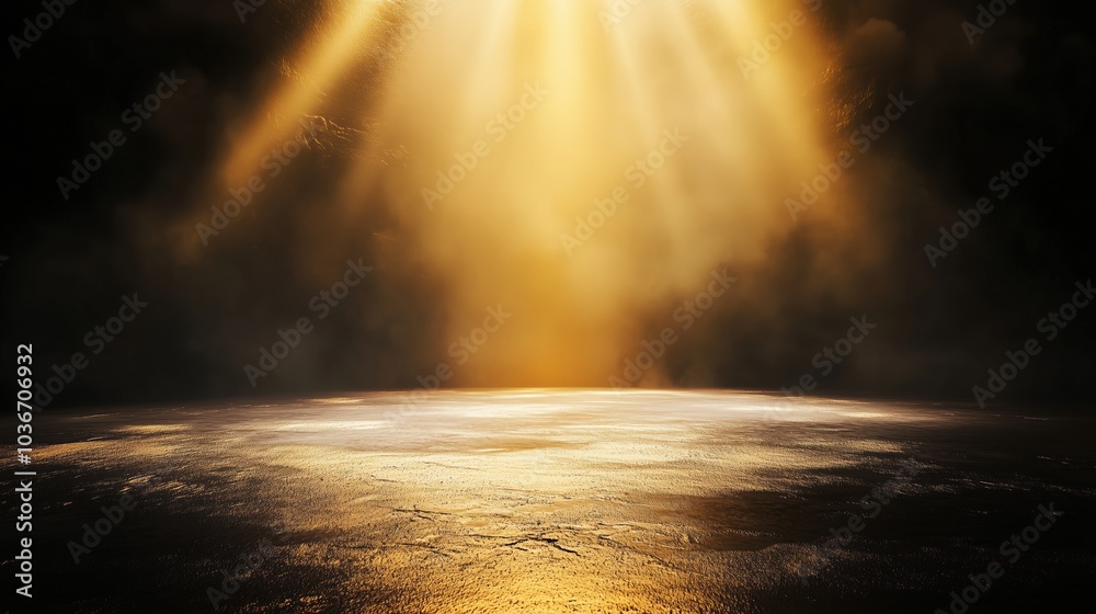 Poster Abstract background featuring golden light rays on a dark, textured wall with an illuminated floor and a central spotlight, creating a dramatic atmosphere and offering a minimalistic, empty scene idea