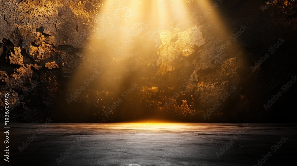 Poster Abstract background featuring golden light rays on a dark, textured wall with an illuminated floor and a central spotlight, creating a dramatic atmosphere and offering a minimalistic, empty scene idea