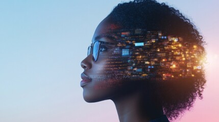 Portrait with digital data streams and technology icons, combining human intellect and technological advancement.