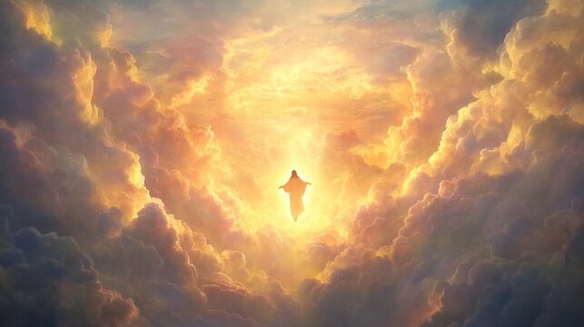 Jesus Christ ascending to heaven surrounded by light and clouds, divine scene with hopeful, heavenly aura. - Powered by Adobe