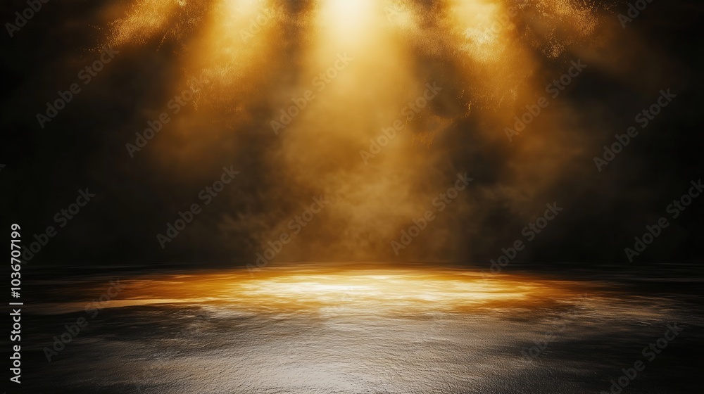 Poster Abstract background featuring golden light rays on a dark, textured wall with an illuminated floor and a central spotlight, creating a dramatic atmosphere and offering a minimalistic, empty scene idea
