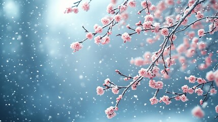 Serene scene of delicate spring blossom tree branches adorned with soft snowflakes falling gently around them creating a magical winterspring blend with plenty of space for text