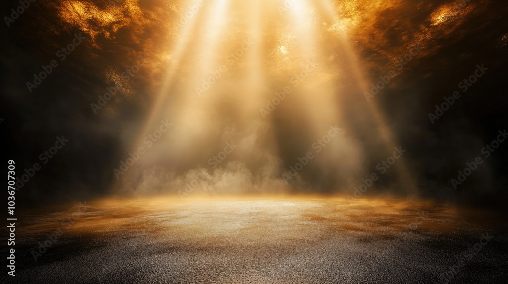 Poster Abstract background featuring golden light rays on a dark, textured wall with an illuminated floor and a central spotlight, creating a dramatic atmosphere and offering a minimalistic, empty scene idea