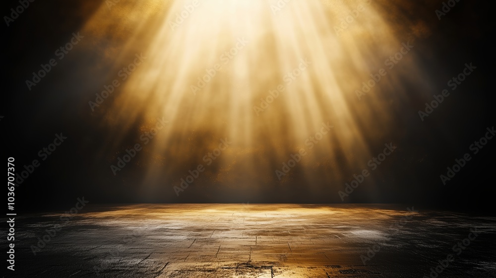 Poster Abstract background featuring golden light rays on a dark, textured wall with an illuminated floor and a central spotlight, creating a dramatic atmosphere and offering a minimalistic, empty scene idea