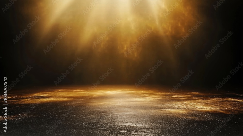Poster Abstract background featuring golden light rays on a dark, textured wall with an illuminated floor and a central spotlight, creating a dramatic atmosphere and offering a minimalistic, empty scene idea