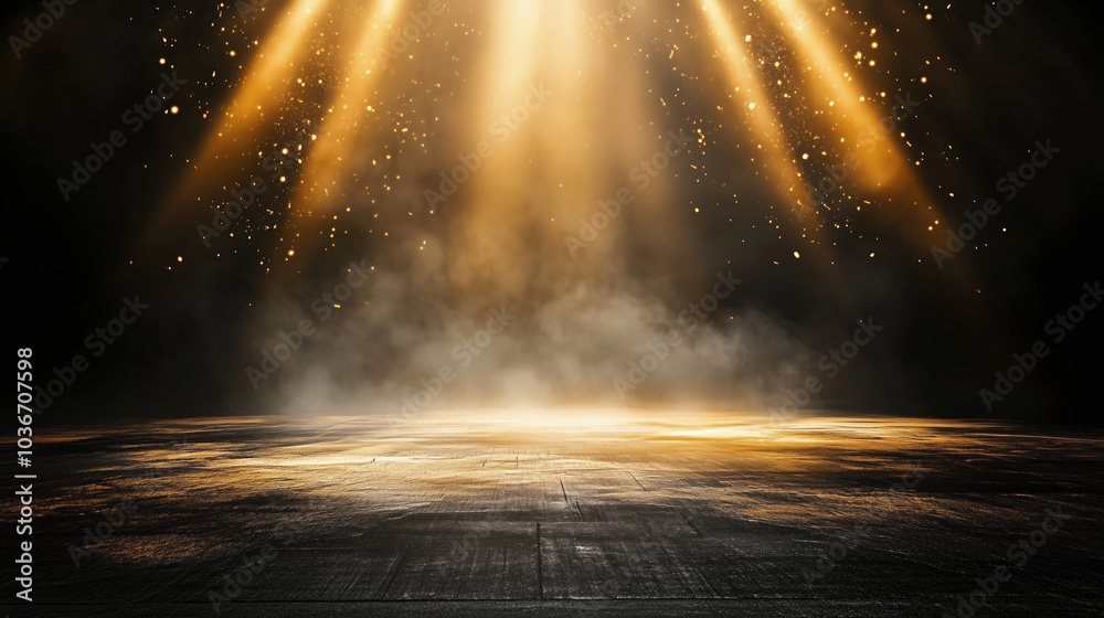 Poster Abstract background featuring golden light rays on a dark, textured wall with an illuminated floor and a central spotlight, creating a dramatic atmosphere and offering a minimalistic, empty scene idea