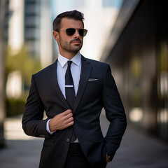 A dapper handsome businessman posing in a modern office environment, dressed in a crisp business suit with a confident expression, conveying professionalism and succes