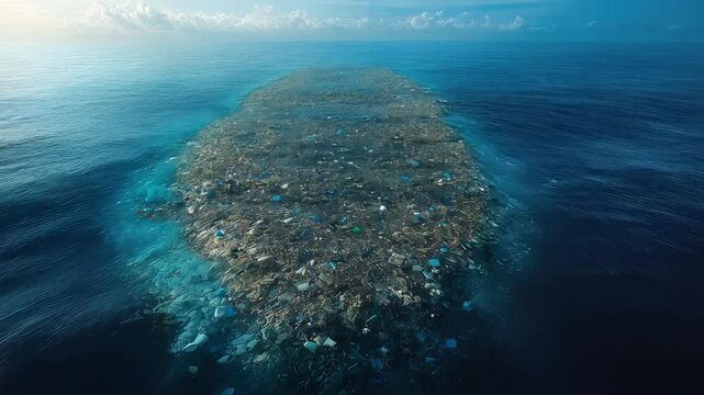 Aerial view of Plastic Island or Great Pacific Garbage Patch or Pacific Trash Vortex, consisting mainly of plastic, light metals and organic residues of garbage in ocean. Environmental disaster