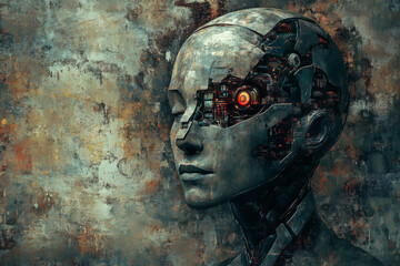 A woman's face is shown with a robotic design, with a large eye and a mouth. The image has a futuristic and industrial feel, with a sense of unease and discomfort. The woman's face is distorted