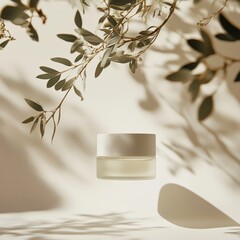 A minimalist face cream jar with a matte cap, floating against a botanical-inspired background with soft natural light