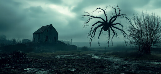 A spider is flying over a deserted field with a house in the background. The spider is large and he is a giant spider. Scene is eerie and unsettling