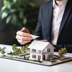 A well-dressed businessman in a sleek suit presenting a detailed architectural house model in a modern office setting, with a large window showcasing a city skyline in the background