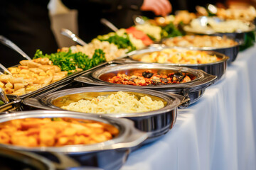 A table full of food with a variety of dishes including pasta, vegetables, and meat. The table is set up for a large gathering or event