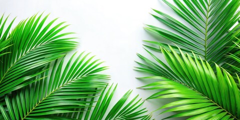 Obraz premium Fresh Palm Branches Close-Up Against White Background for Tropical Decor and Minimalist Designs, Perfect for Nature Lovers, Home Decor, and Botanical Themes