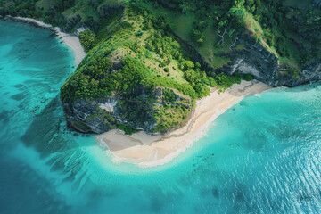 Stunning aerial view of a tropical island. Clear turquoise waters and white sandy beaches.