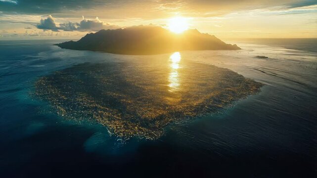 Aerial view of Plastic Island or Great Pacific Garbage Patch or Pacific Trash Vortex, consisting mainly of plastic, light metals and organic residues of garbage in ocean. Environmental disaster