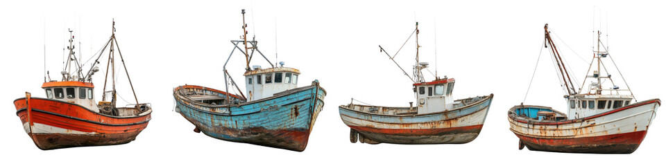 Obraz premium Fishing boat - Common sight along the coast, representing the fishing industry Isolated on Clear White Background Highly Detailed 